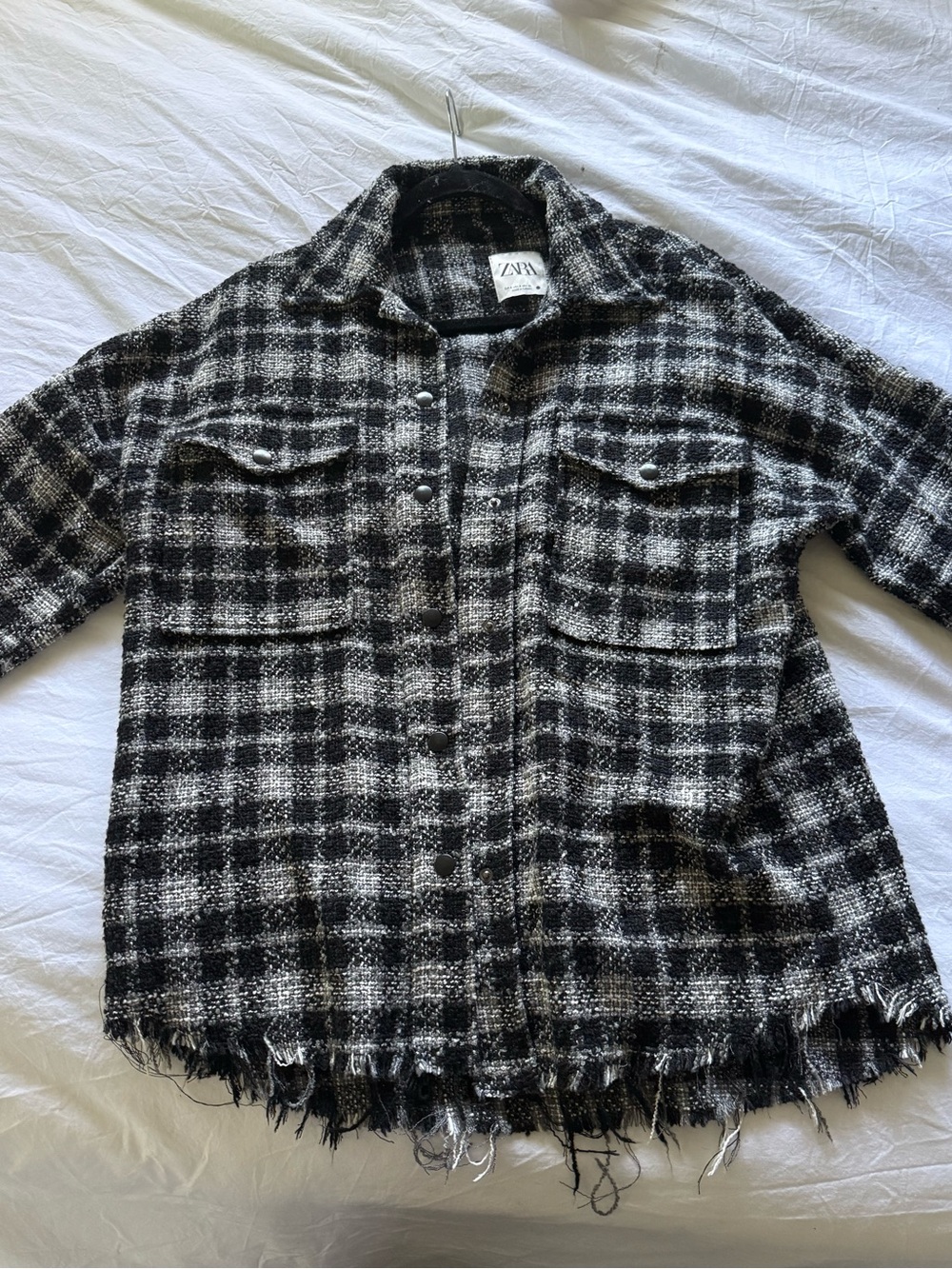 Zara Black & White Plaid Fringe Overshirt